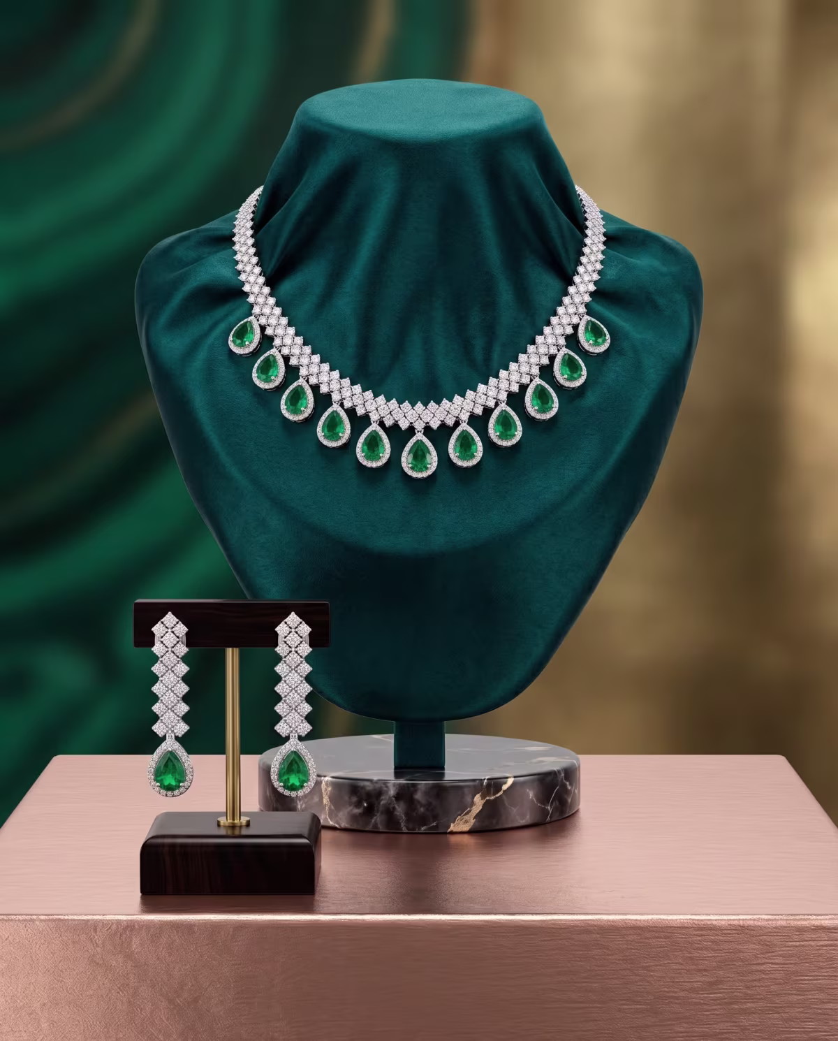 Lumina Emerald & Zircon Bridal Neckless Set Real Pearl Gold Plated 925 Silver - View 3
