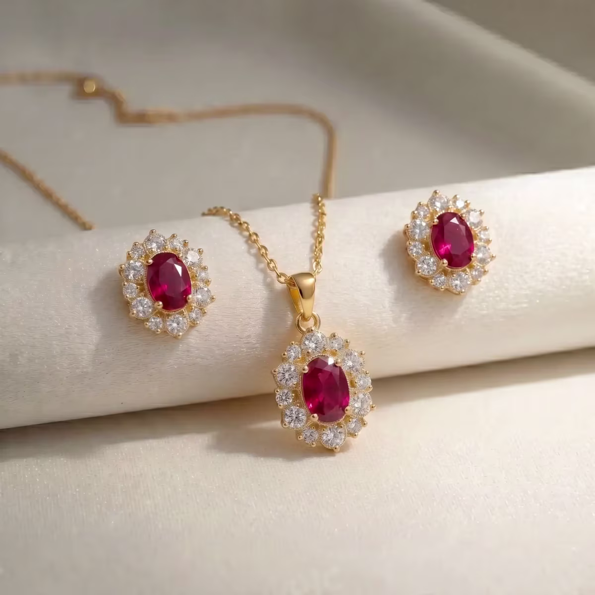 Classic Royal Ruby Oval Halo Pendant Locket Set Gold Plated 925 Silver - View 1