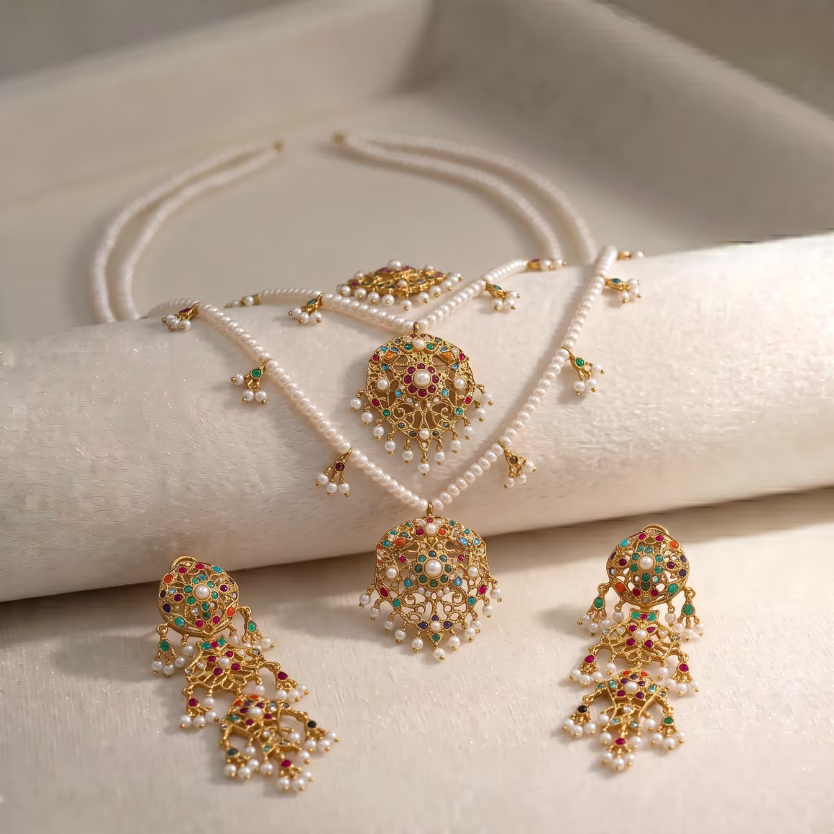 Heritage 3-Layer Real Pearl, Emerald & Ruby Droplet Necklace Gold Plated 925 Silver - View 1