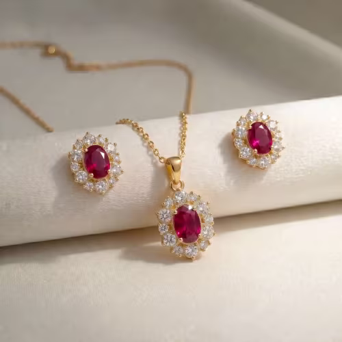 Classic Royal Ruby Oval Halo Pendant Locket Set Gold Plated 925 Silver - view 1