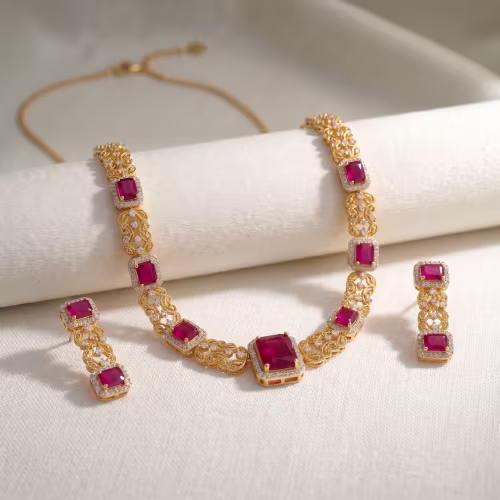 Ruby Red Stone Gold-Plated Necklace Set with Earrings Gold Plated 925 Silver - view 1