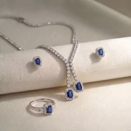 The Royal Blue Velvet Bridal Neckless Set Gold Plated 925 Silver - view 1